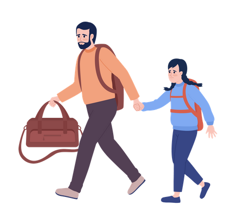 Father and daughter refugees with belongings  Illustration