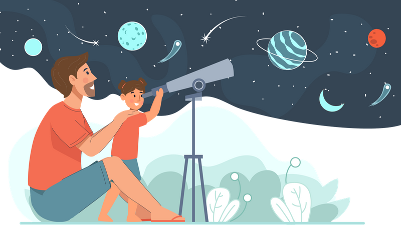 Father and daughter seeing at space using telescope  Illustration