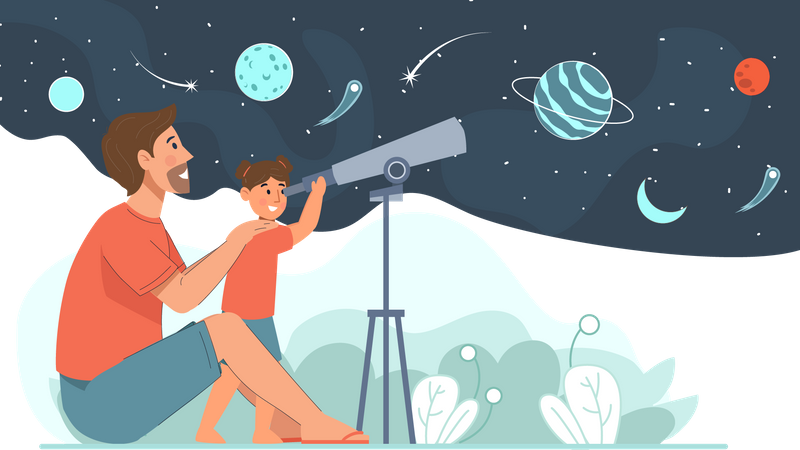 Father and daughter seeing at space using telescope  일러스트레이션