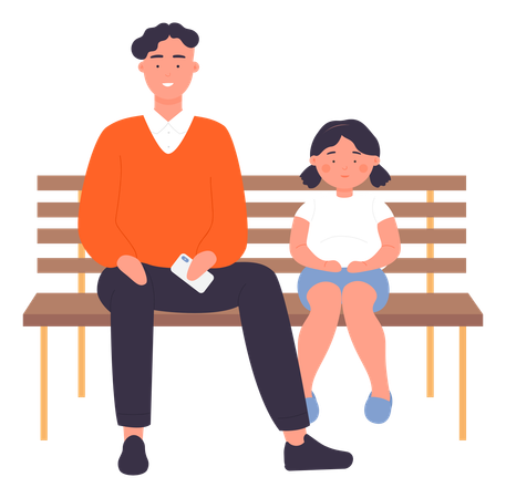 Father and daughter sitting on bench  Illustration