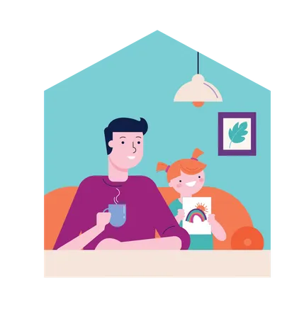 Father and daughter sitting on couch  Illustration
