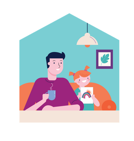 Father and daughter sitting on couch  Illustration