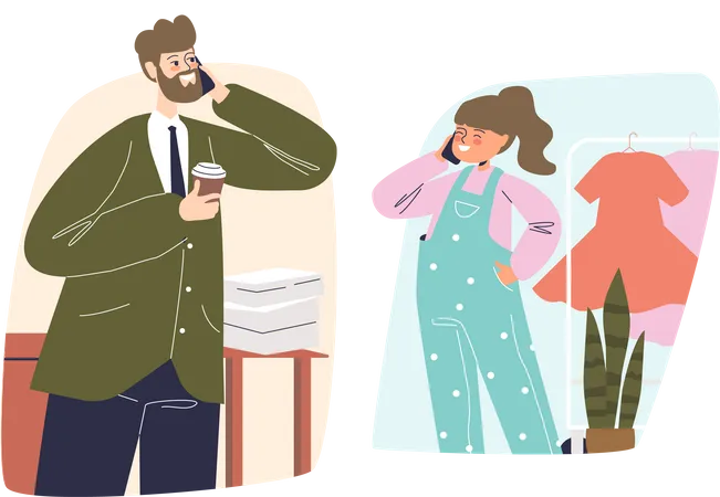 Father and daughter talk on mobile phone  Illustration