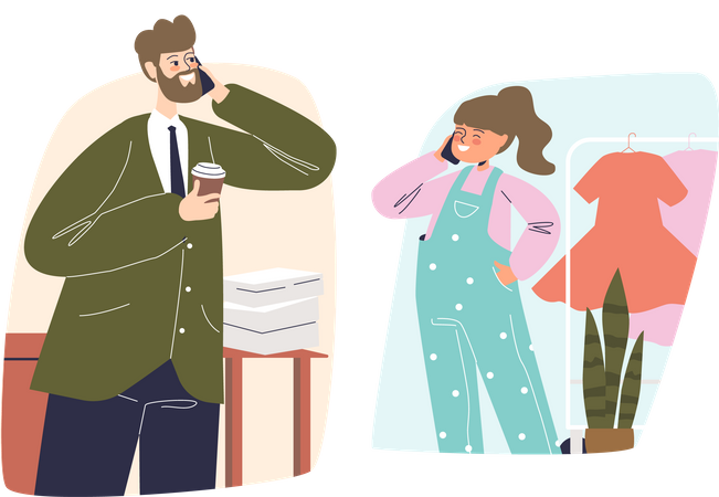 Father and daughter talk on mobile phone  일러스트레이션