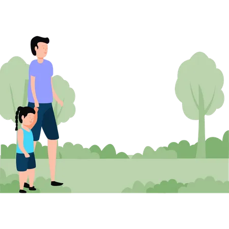 Father and daughter walking in park  Illustration