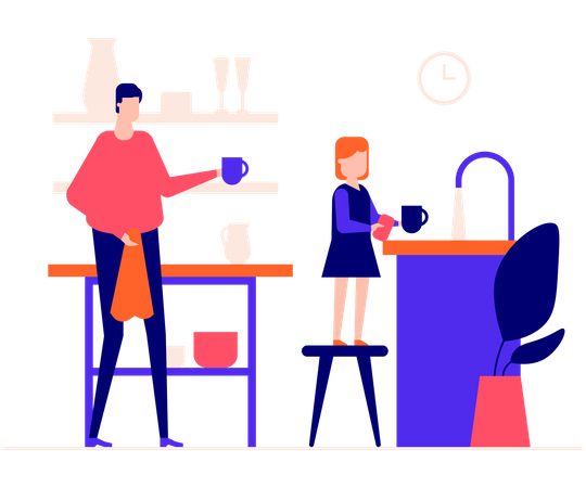Father and daughter washing dishes Illustration