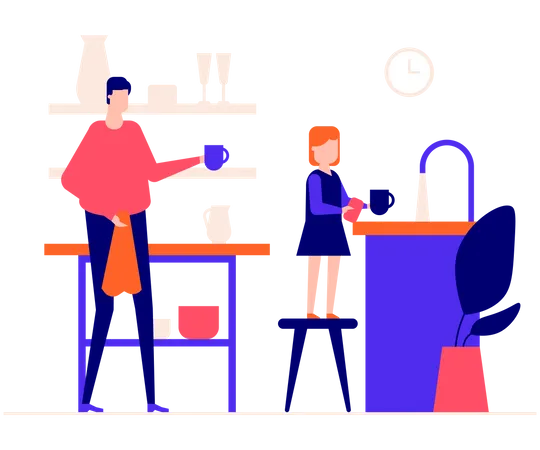 Father and daughter washing dishes  Illustration