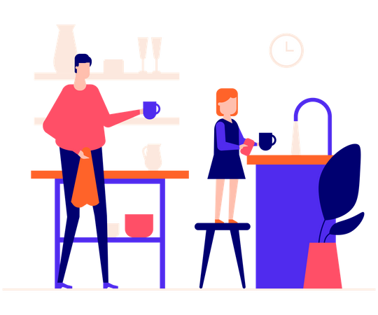 Father and daughter washing dishes  일러스트레이션