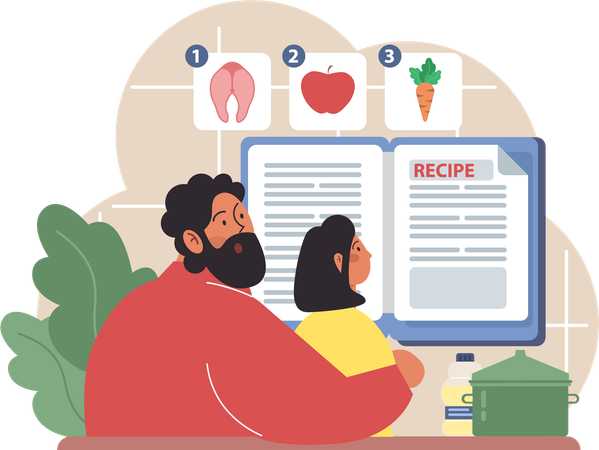 Father and daughter watching recipe book  일러스트레이션