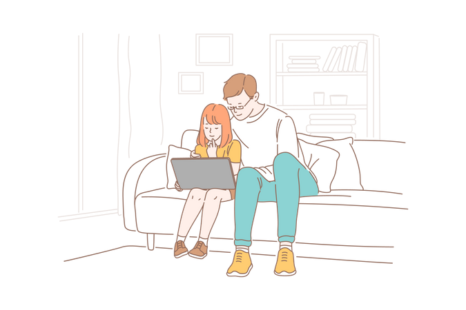 Father and daughter watching something on laptop  Illustration
