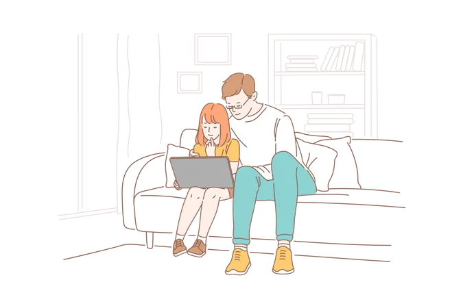 Father and daughter watching something on laptop  Illustration