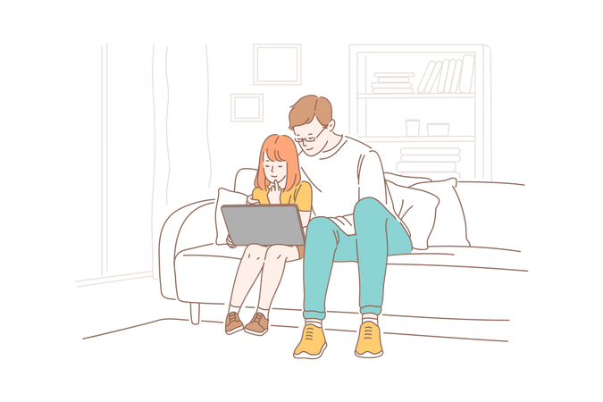 Father and daughter watching something on laptop  일러스트레이션