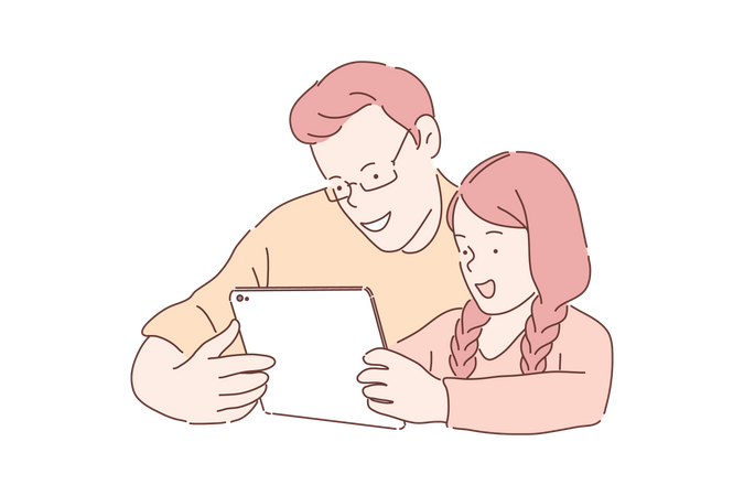Father and daughter watching something on tablet  일러스트레이션