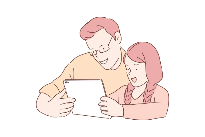 Happy Family Pastime Concept Father And Daughter Watching Video On Tablet Brother And Sister Playing Online Game Cheerful Siblings Teenagers Enjoying Gadget Gaming Simple Flat Vector Illustration