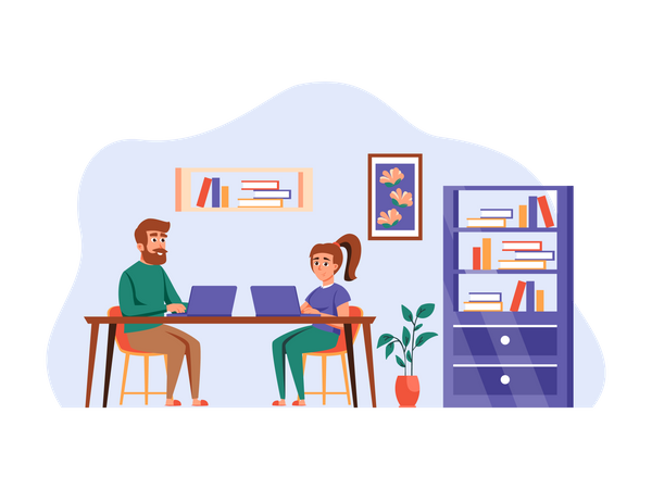 Father and daughter working on laptop  일러스트레이션