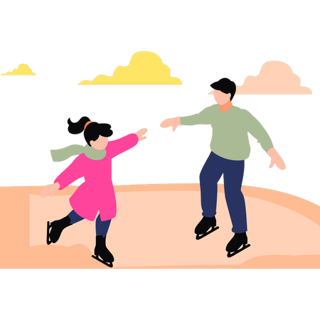 Father and girl are skating  Illustration