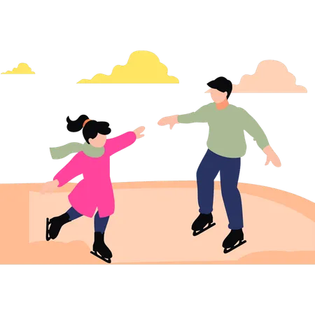Father and girl are skating  Illustration