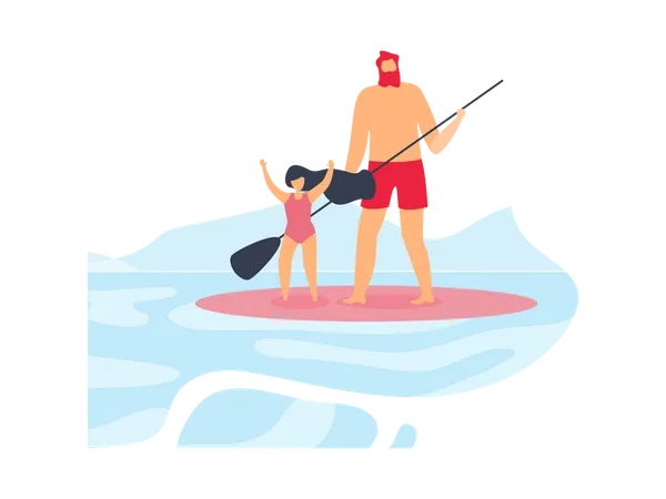 Father and Happy Daughter Standing and Riding Surfboard  Illustration