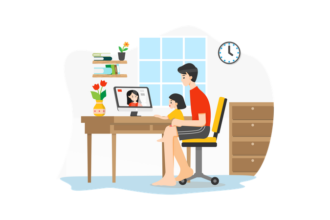 Father and his girl video calling to family member  Illustration