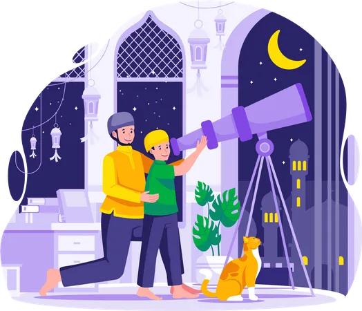 The Father And His Son Are Looking At The Sky With A Telescope For The New Moon Or Hilal That Signals The Start Of The Holy Month Of Ramadan Looking For A Hilal Or Crescent Moon Concept Illustration Illustration