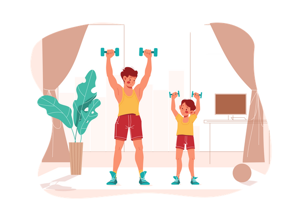 Father and his son do exercise together Illustration