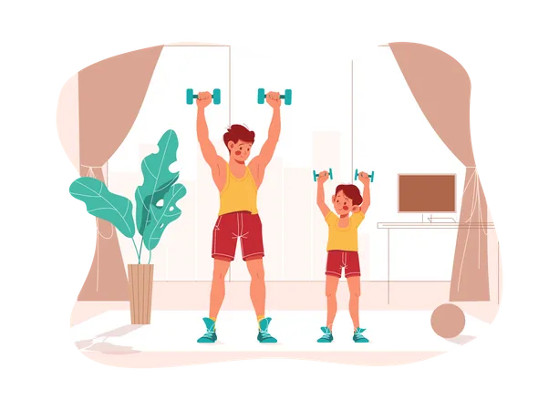 Father and his son do exercise together Illustration