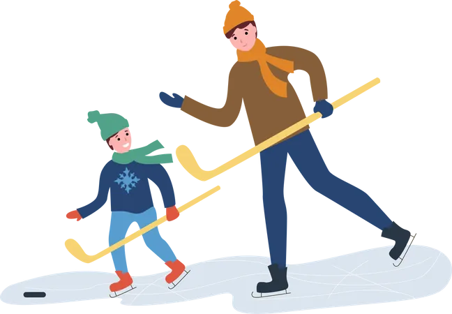 Father and his son playing ice hockey Illustration