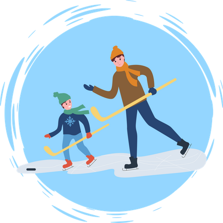Father and his son playing ice hockey Illustration