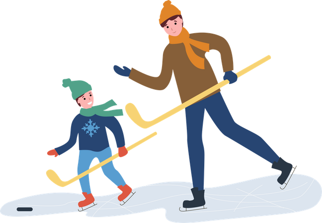 Father and his son playing ice hockey  Illustration