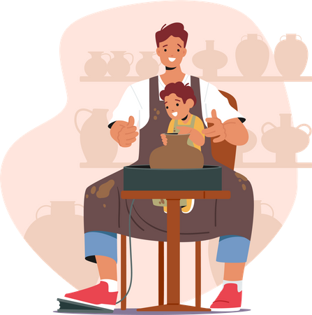 Father and kid create pottery together  Illustration