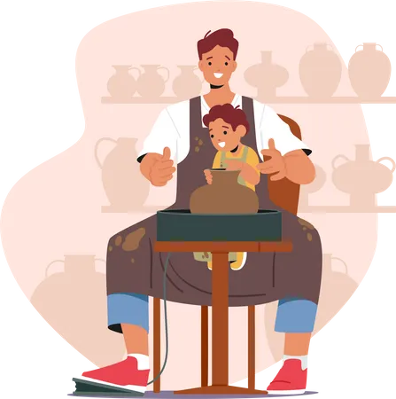 Father and kid create pottery together  Illustration