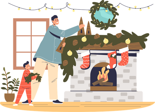 Father and kid decorating fireplace for christmas  Illustration