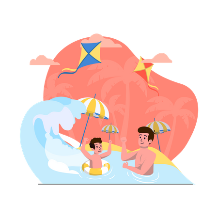 Father and kid swimming in sea Illustration