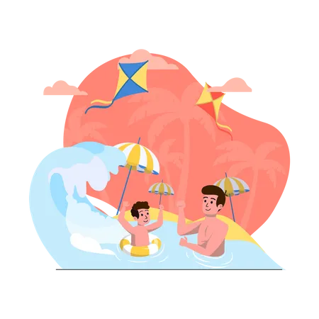 Father and kid swimming in sea  Illustration