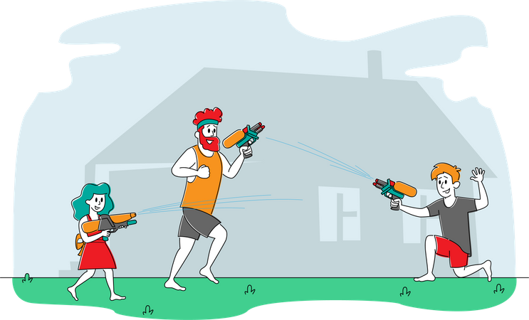 Father and Kids Playing and Shooting with Water Guns Illustration
