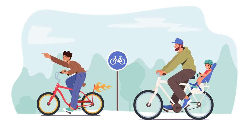 Father And Little Child Riding Bicycle  Illustration
