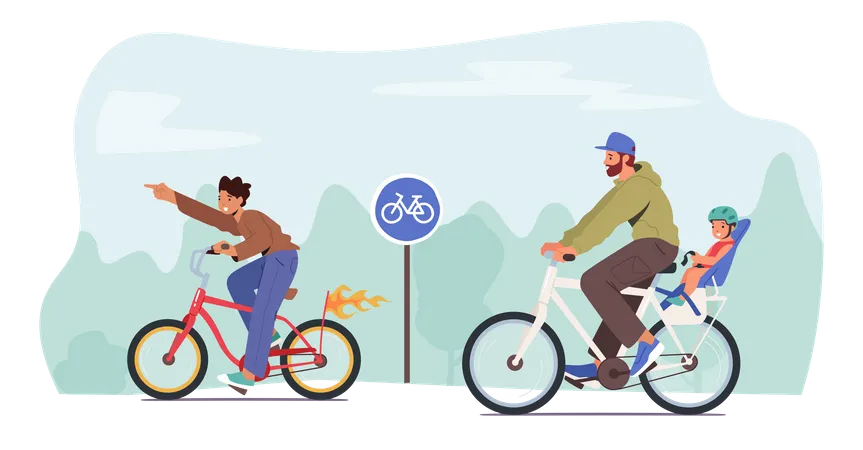 Father And Little Child Riding Bicycle Illustration