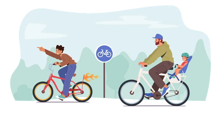 Father And Little Child Riding Bicycle  Illustration