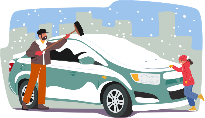Father and Little Daughter Cleaning Car from First Snow  Illustration
