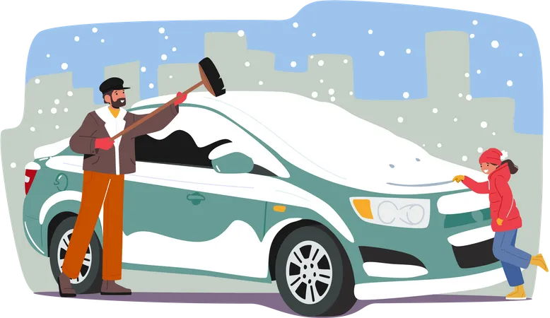 Father and Little Daughter Cleaning Car from First Snow  Illustration
