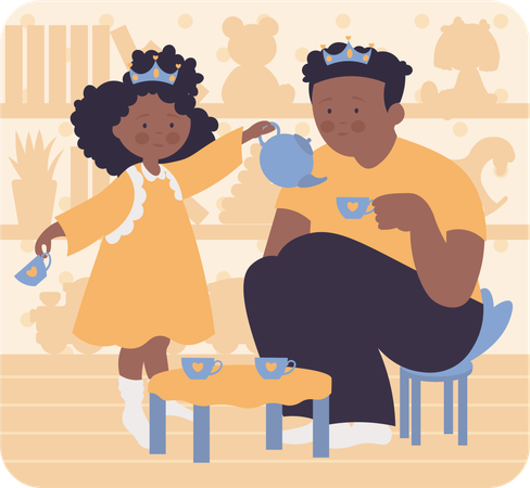 Father and little girl enjoying tea  Illustration