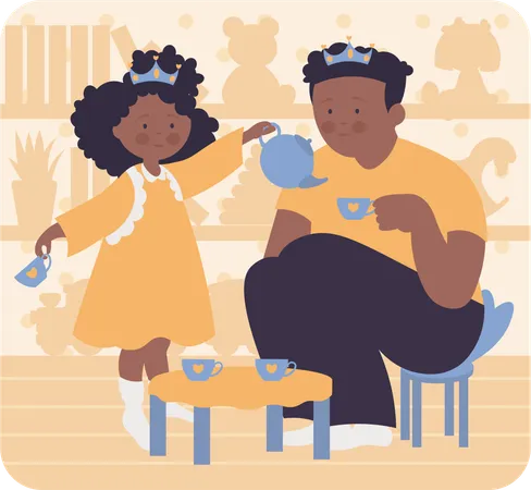 Father and little girl enjoying tea  Illustration