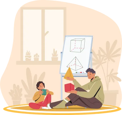 Father and Little Kid Learn Geometric Shapes at Home Illustration