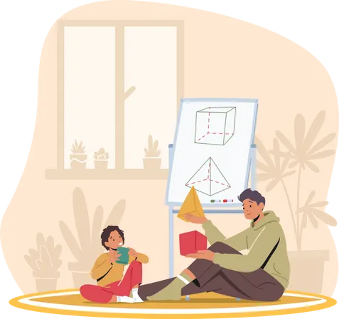 Father and Little Kid Learn Geometric Shapes at Home  Illustration