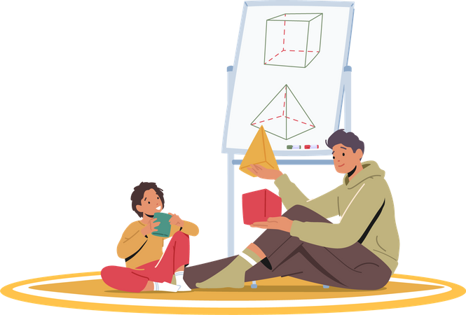 Father and Little Son Learn Illustration