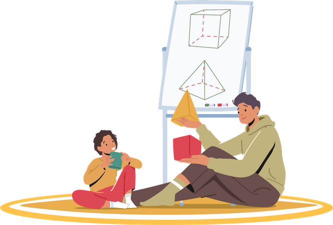 Father and Little Son Learn  Illustration