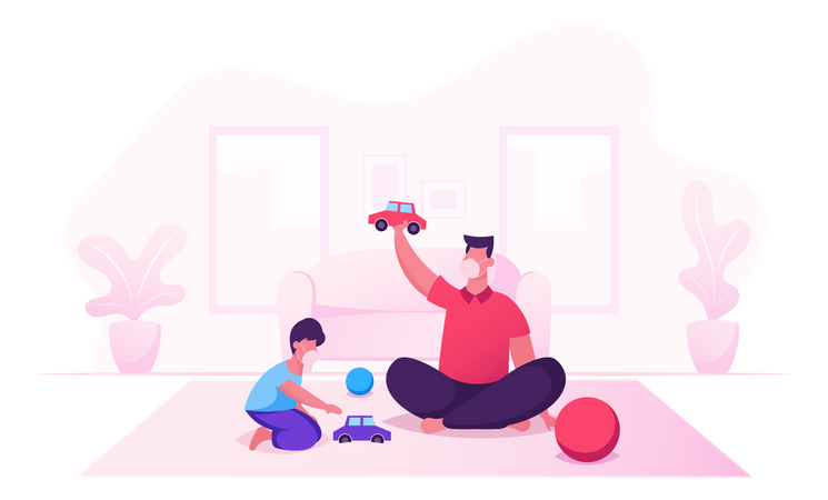 Father And Little Son Playing Toys During Covid19 Illustration