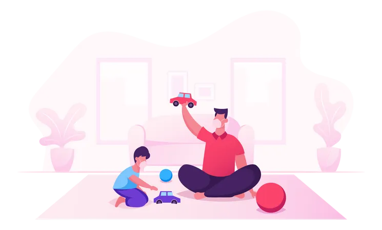 Father And Little Son Playing Toys During Covid19 Illustration