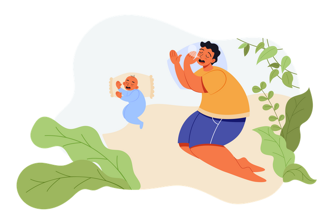 Father and little son sleeping together on bad Illustration