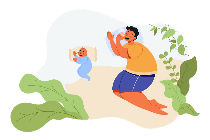 Father and little son sleeping together on bad  Illustration